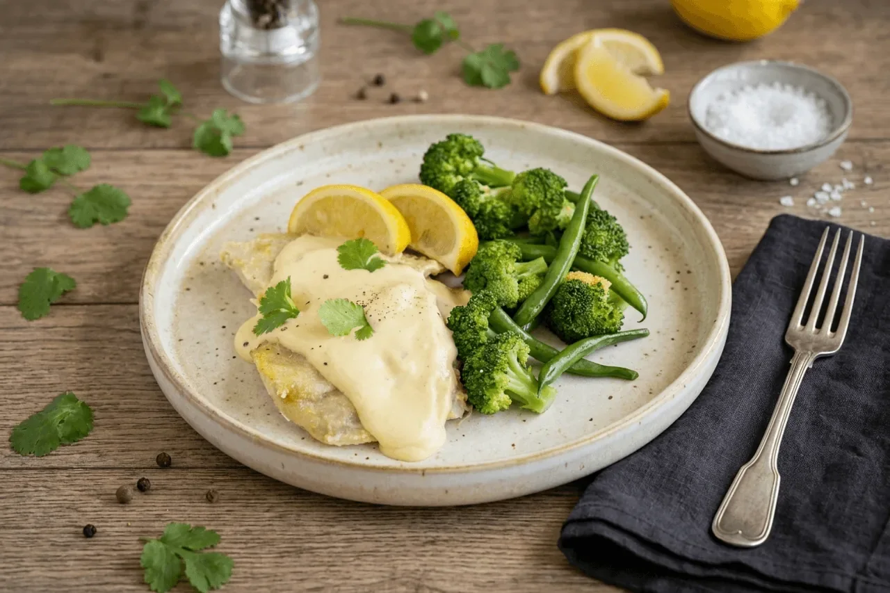 Lemon Dijon fish with vegetables, a fresh Preptide ready meal delivered chilled